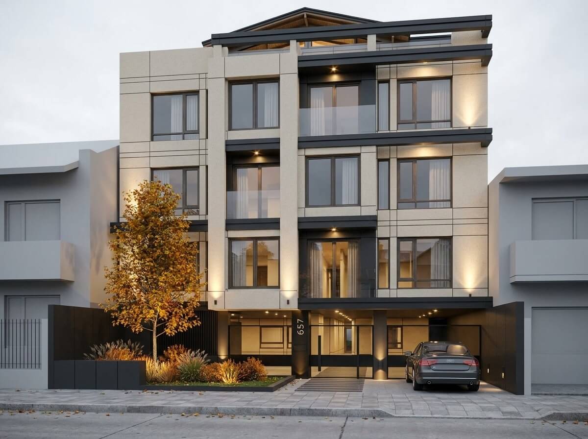 Render exterior Alba I — fachada contemporánea al atardecer