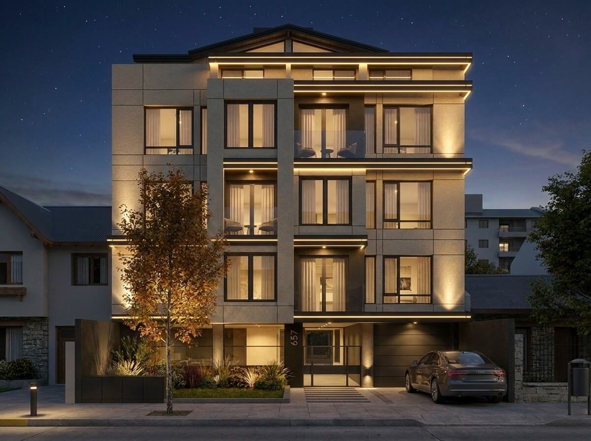 Render nocturno Alba I — materiales nobles y arquitectura contemporánea