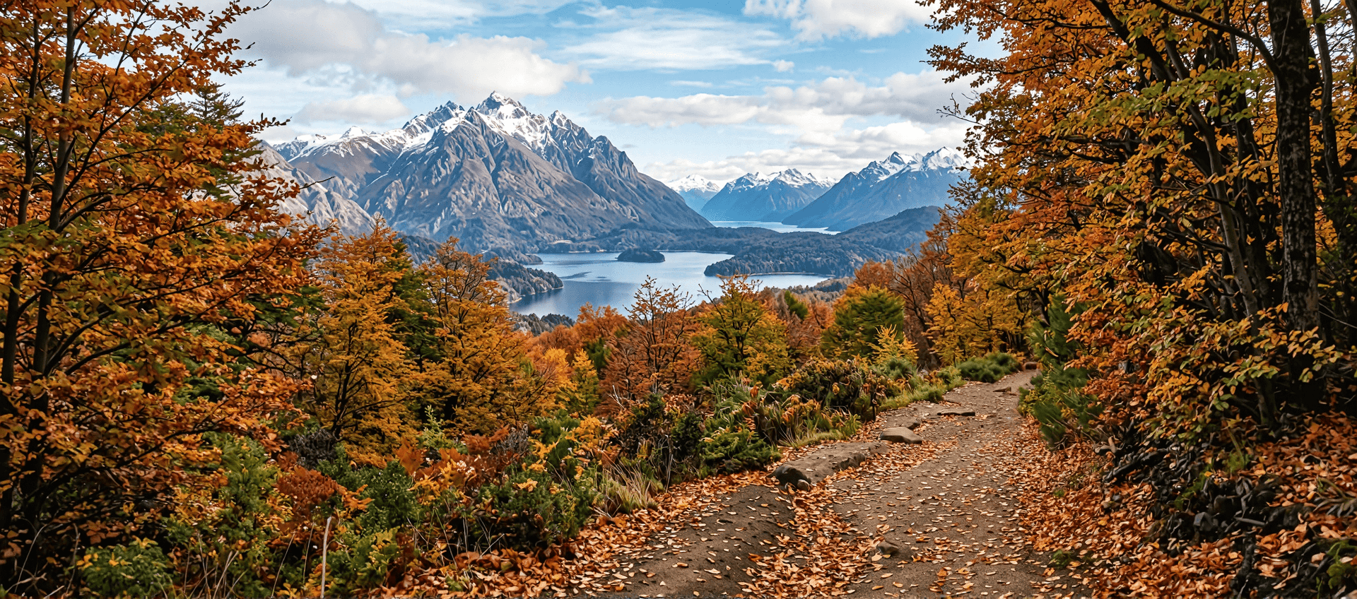 Paisaje de San Carlos de Bariloche — montañas nevadas, lago y bosque patagónico